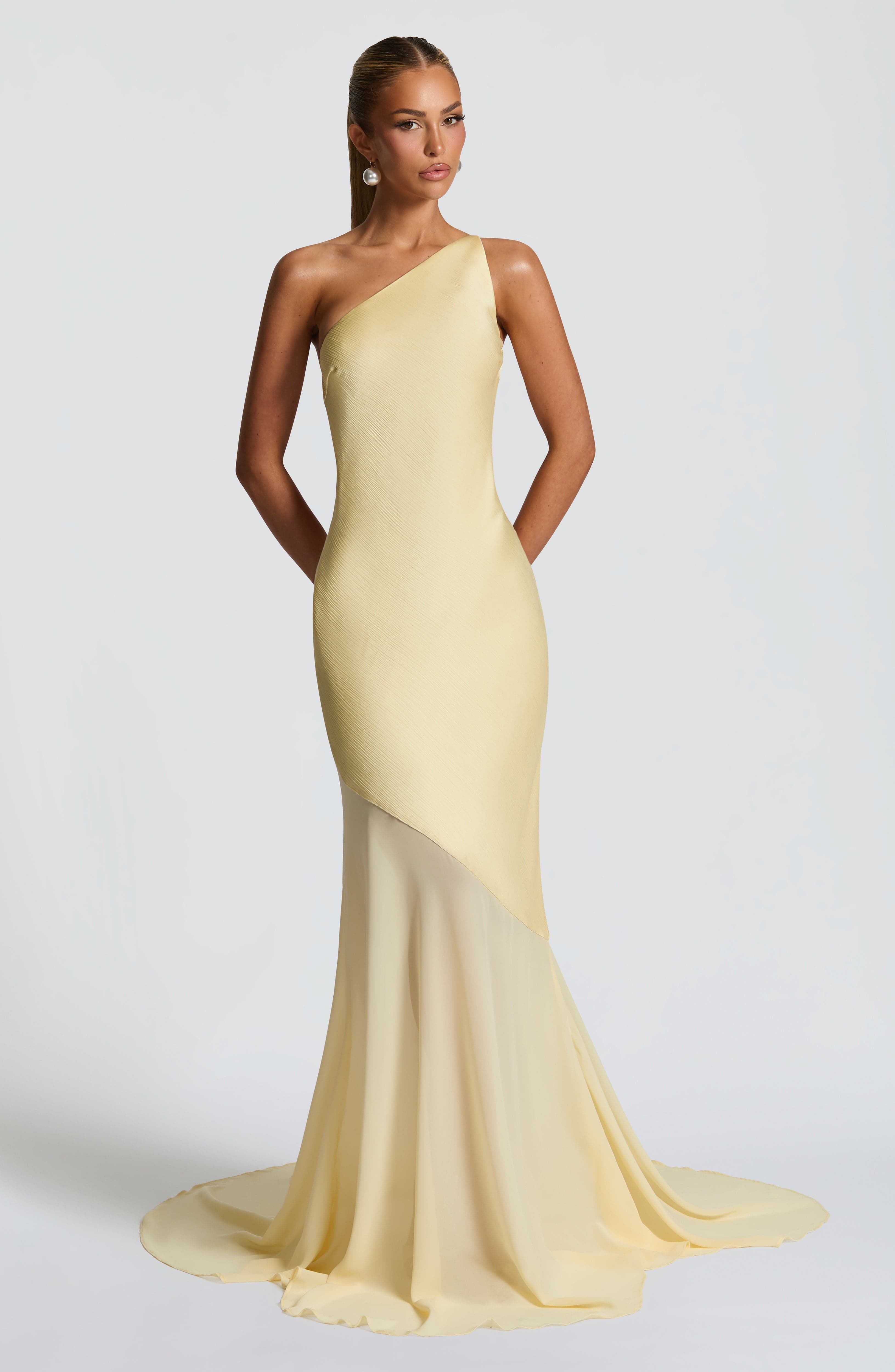 Yellow One Shoulder Asymmetric Draped Maxi Dress