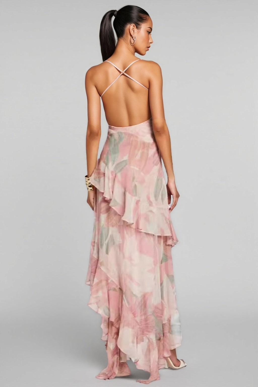 Blush Pink Sheer Asymmetric Ruffle Strap Maxi Dress