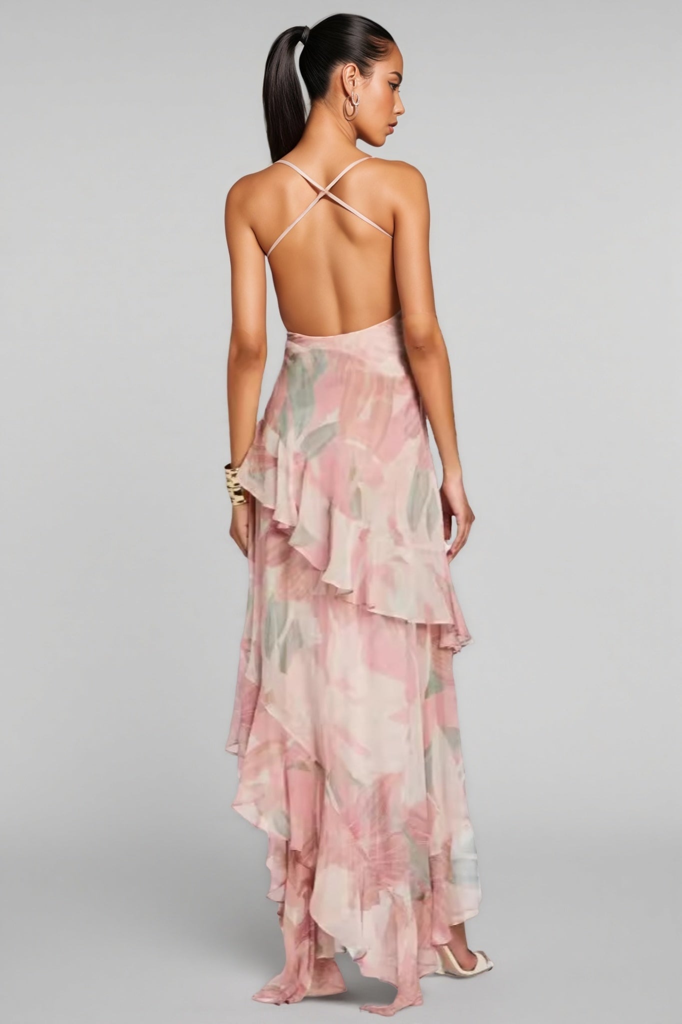 Blush Pink Sheer Asymmetric Ruffle Strap Maxi Dress