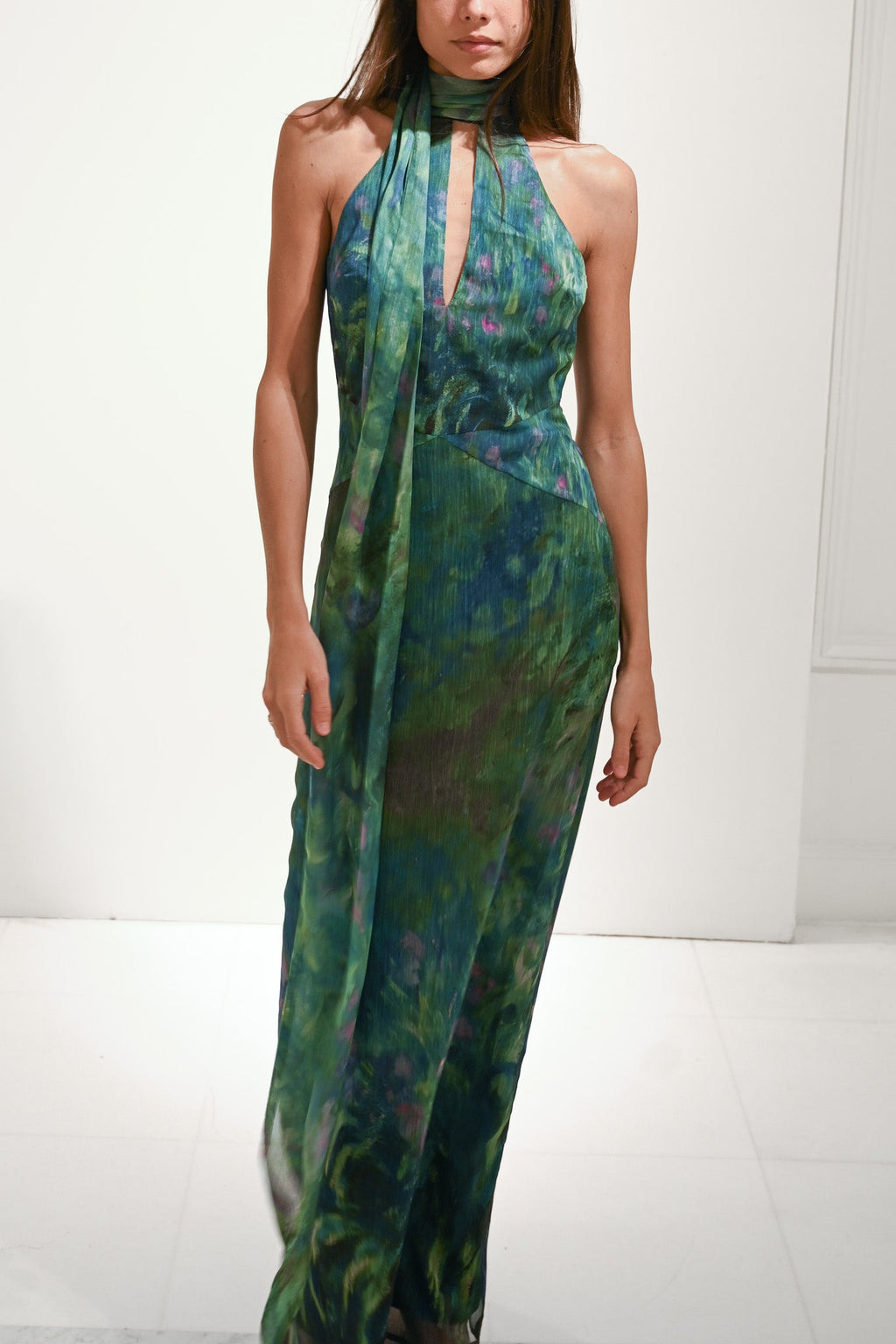 Green Abstract Halter Neck Keyhole Maxi Dress