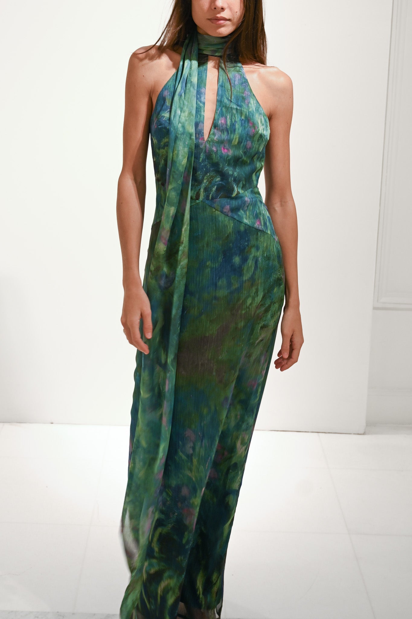 Green Abstract Halter Neck Keyhole Maxi Dress