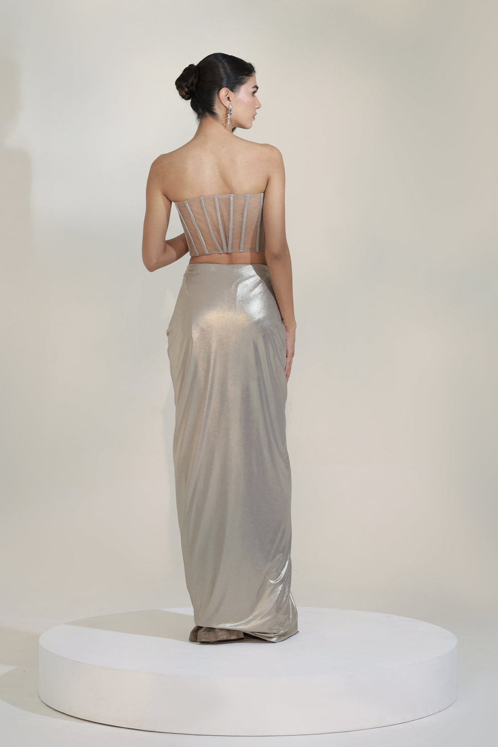 Silver Champagne Strapless Crystal Embellished Draped Maxi Dress
