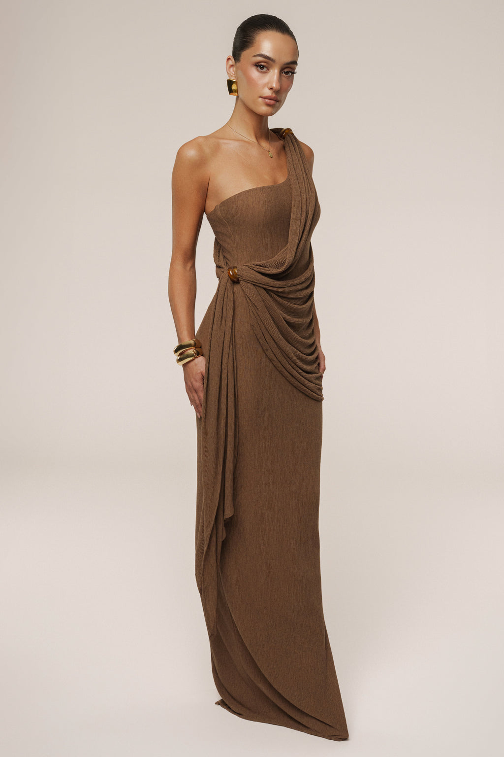 Chocolate Brown One Shoulder Draped Asymmetric Maxi Dress