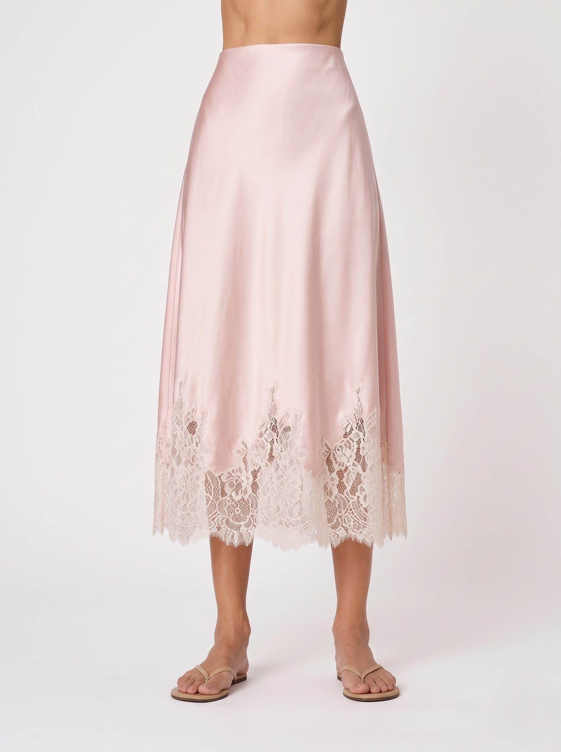 Pink Satin Lace Hem Midi  Slip Skirt