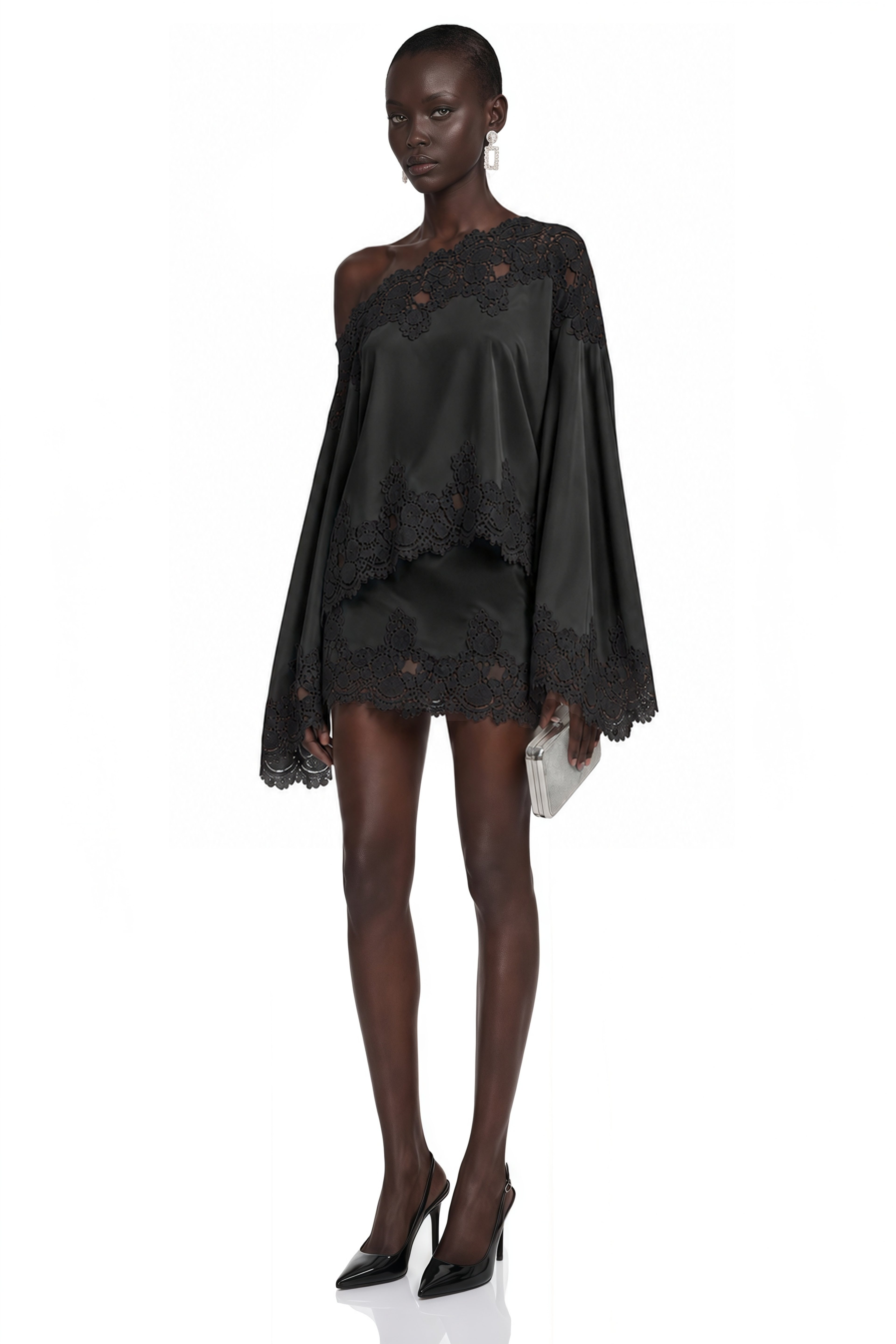 Blue Satin One-Shoulder Lace Cape Top&Mini Dress