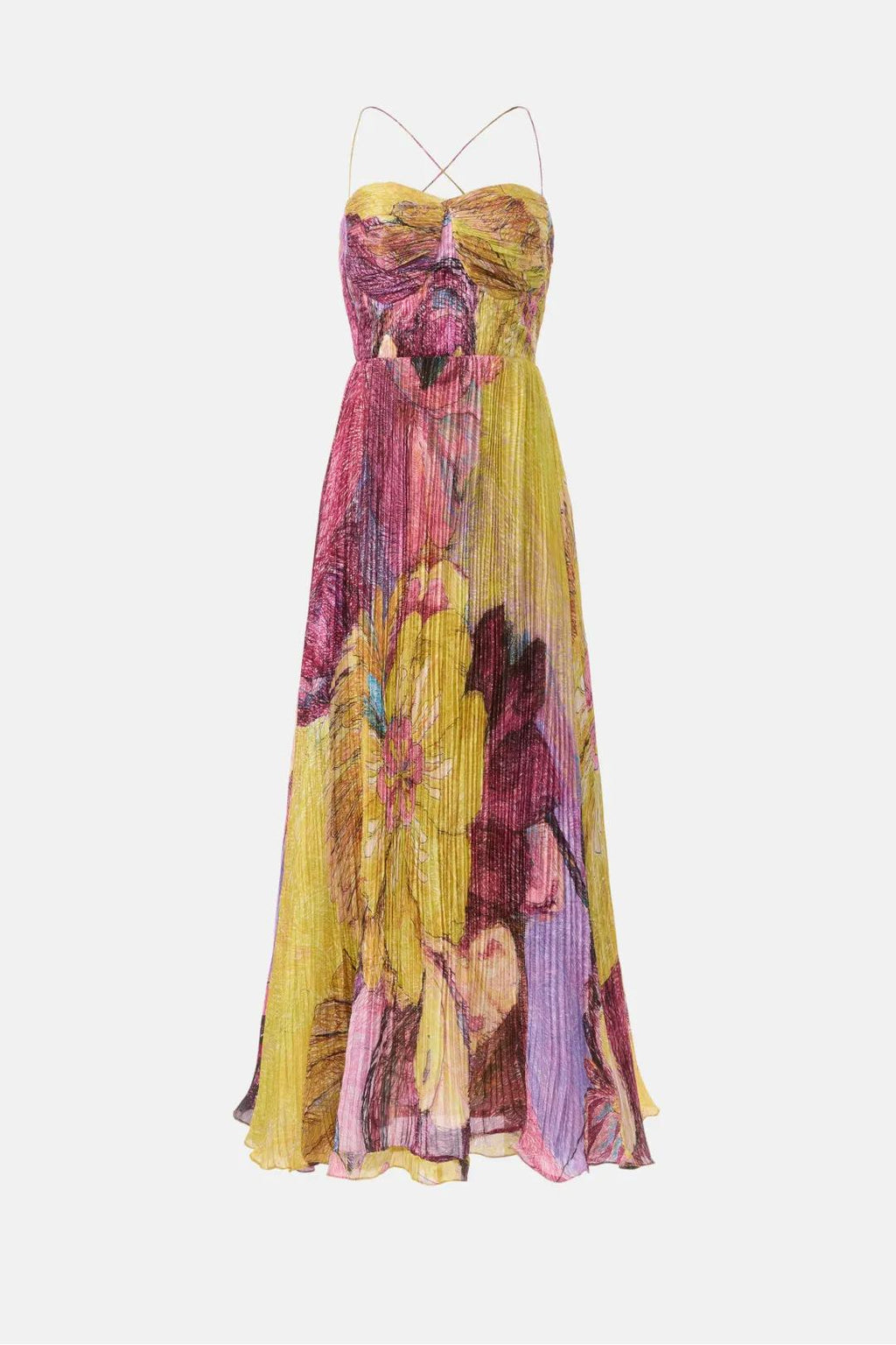 Multicolor Abstract Floral Pleated Chiffon A-Line Maxi Dress