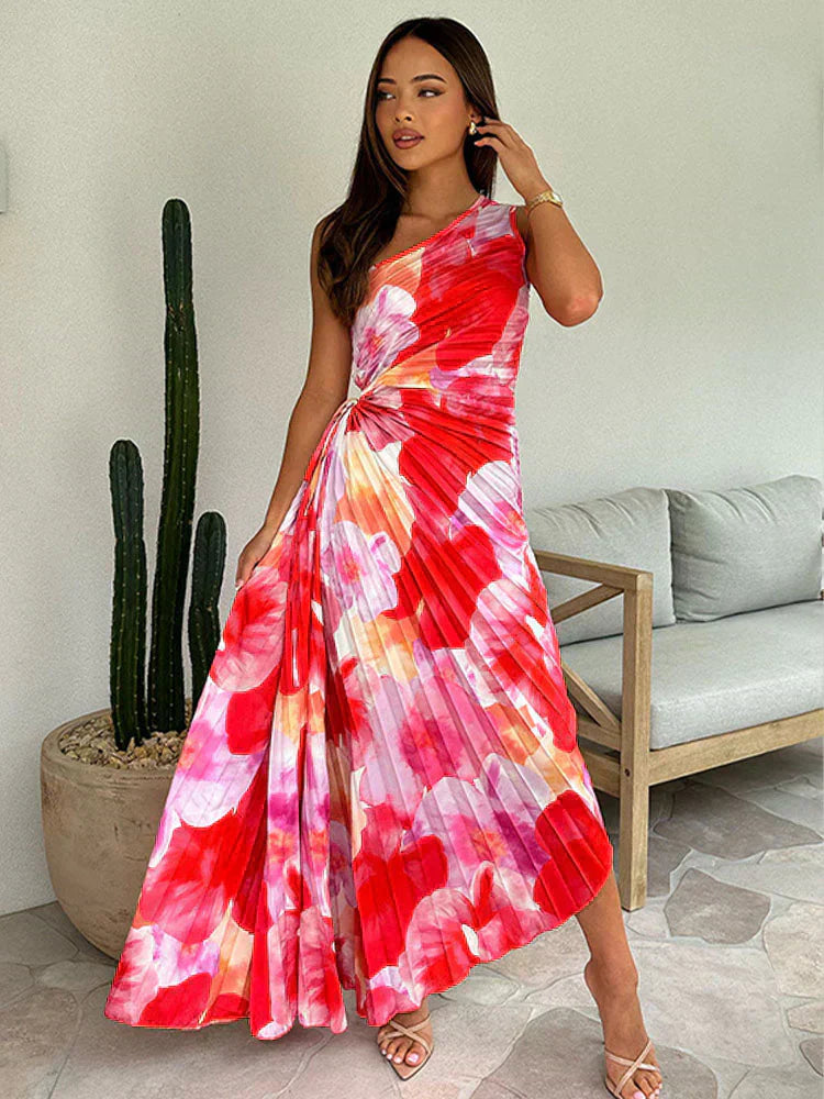 Women’s Red Abstract Print One Shoulder Maxi Dress