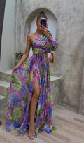 Multicolor Floral One Shoulder Slit Maxi Dress