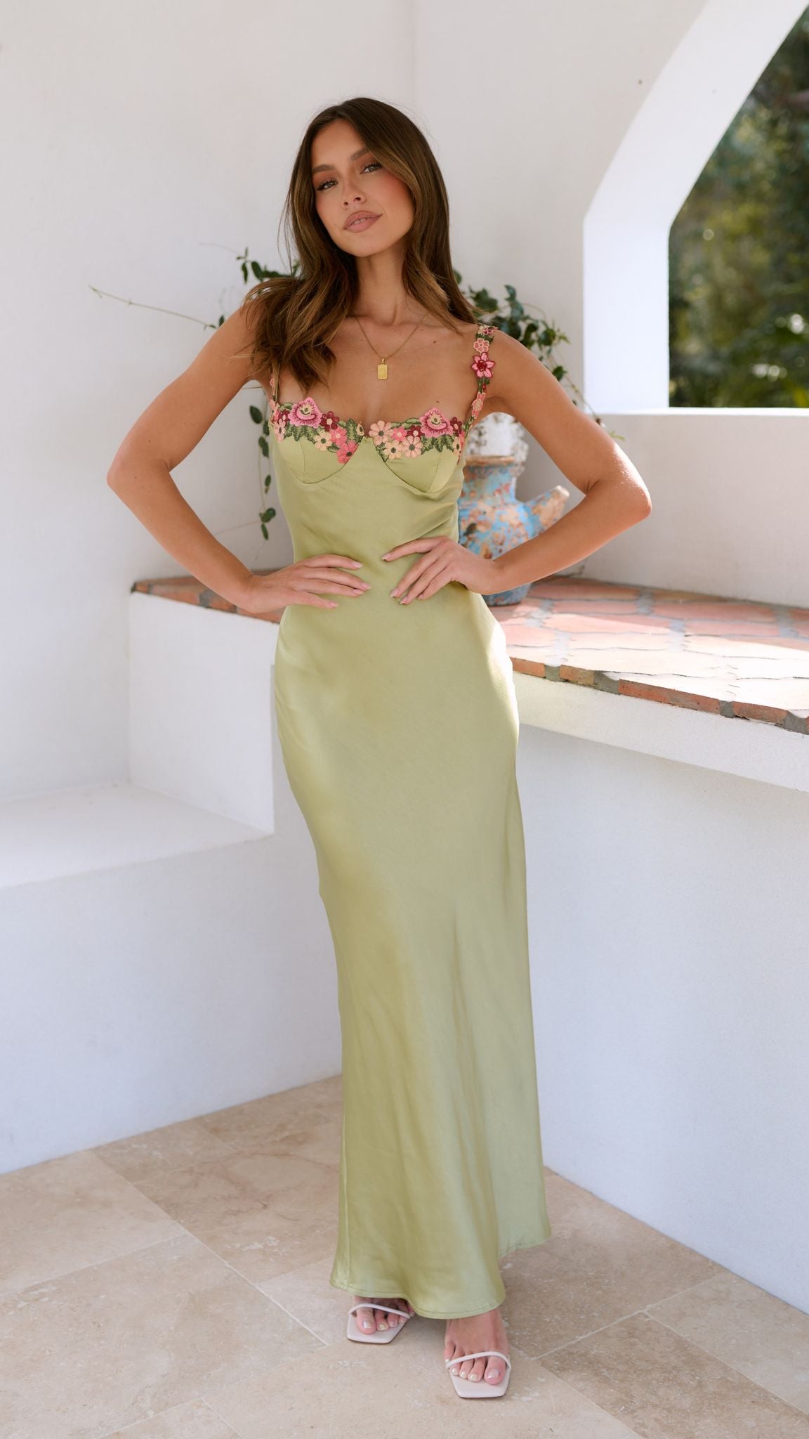 Sage Green Floral Embroidered Slip Maxi Dress