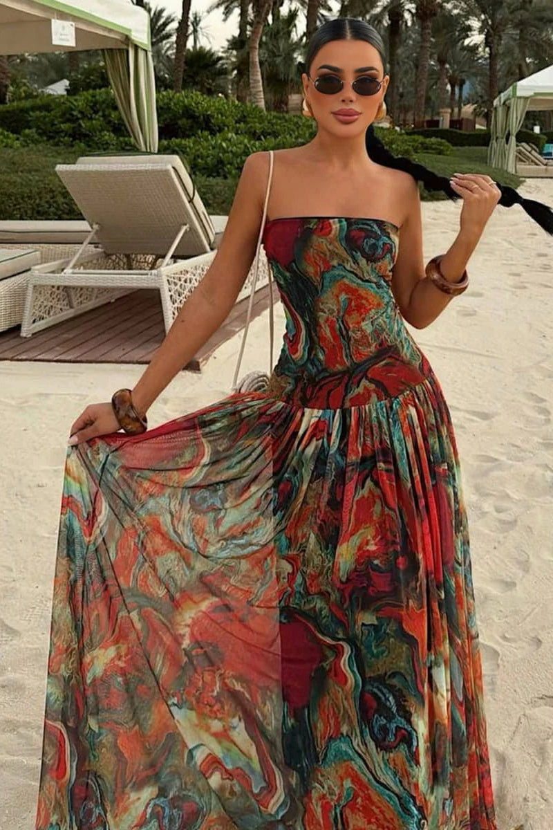 Abstract Marble Print Strapless Maxi Dress