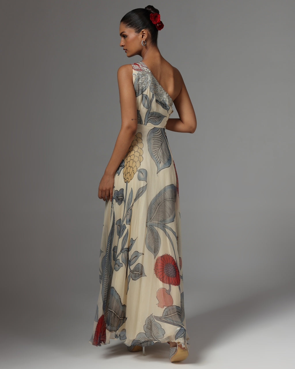 Beige One Shoulder Botanical Print Embellished Maxi Dress