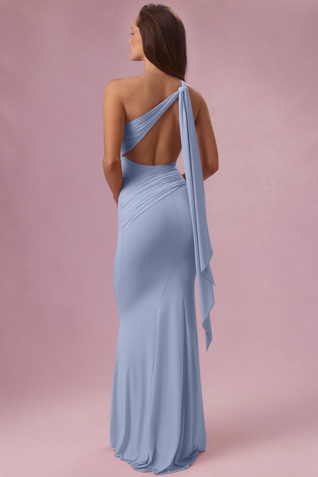 Baby Blue One Shoulder Ruched Bodycon Maxi Dress