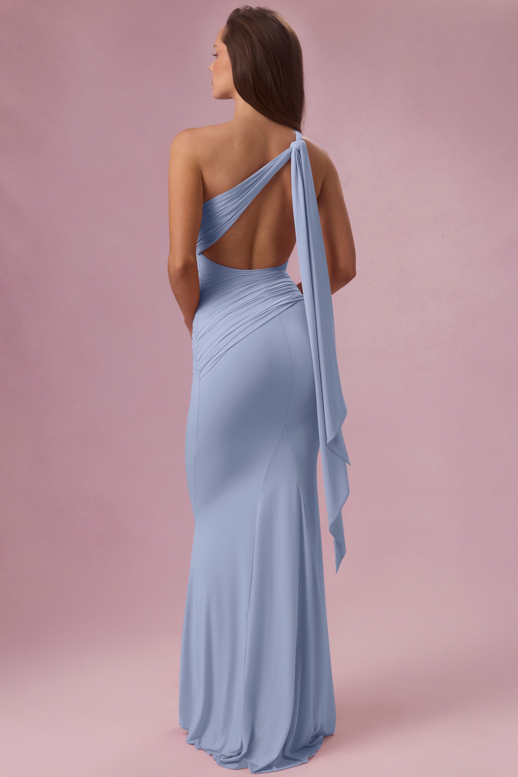 Baby Blue One Shoulder Ruched Bodycon Maxi Dress