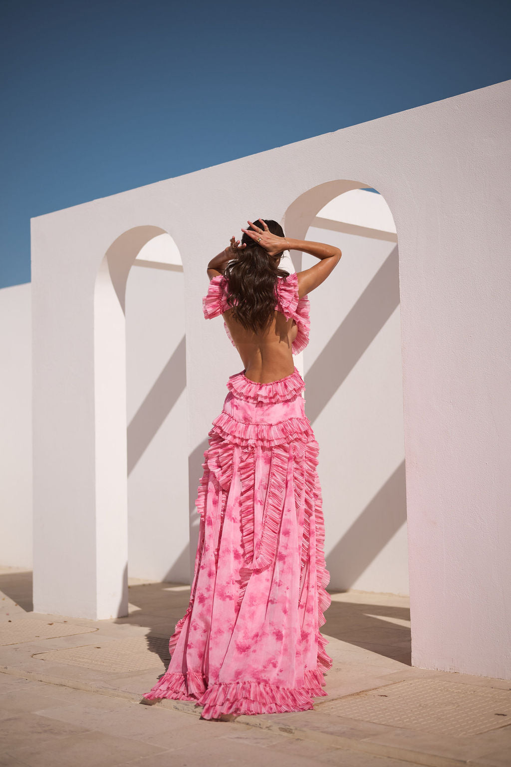 Hot Pink Ruffle Deep V Slit Maxi Dress