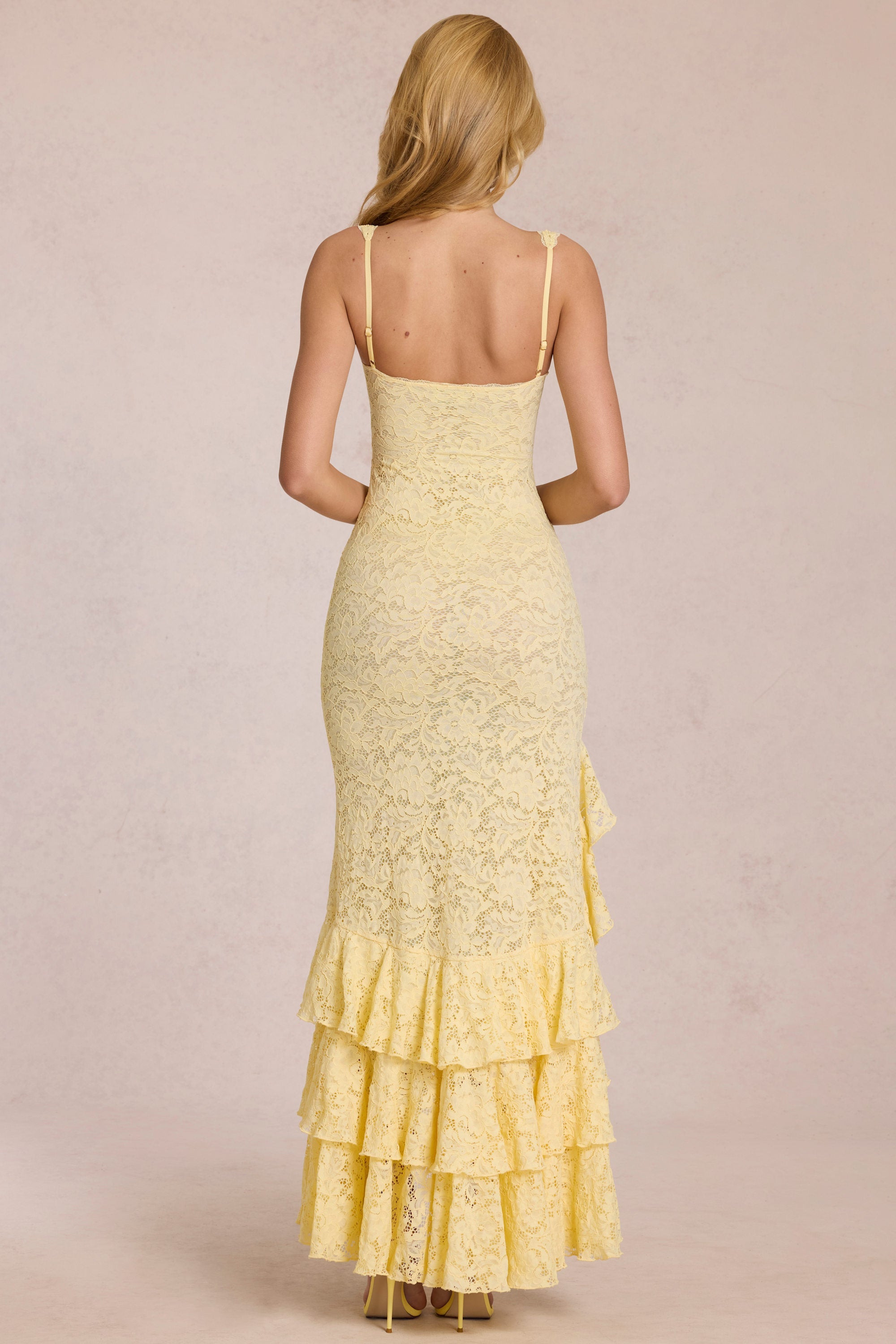 Butter Yellow Lace Ruffle Hem Slit Maxi Dress