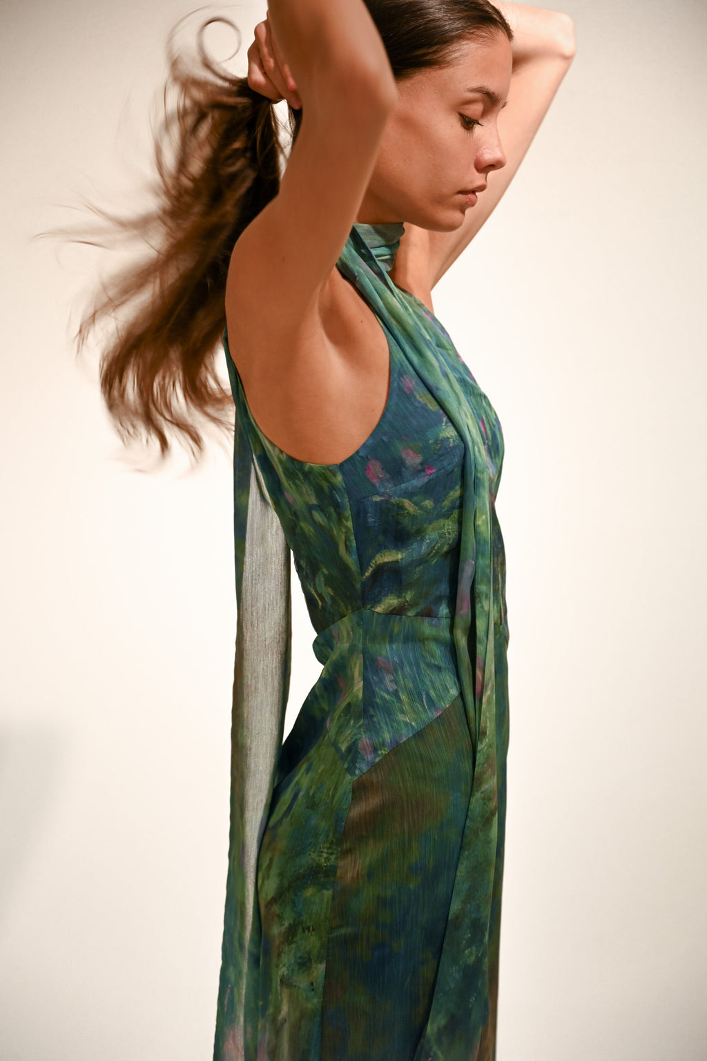 Green Abstract Halter Neck Keyhole Maxi Dress