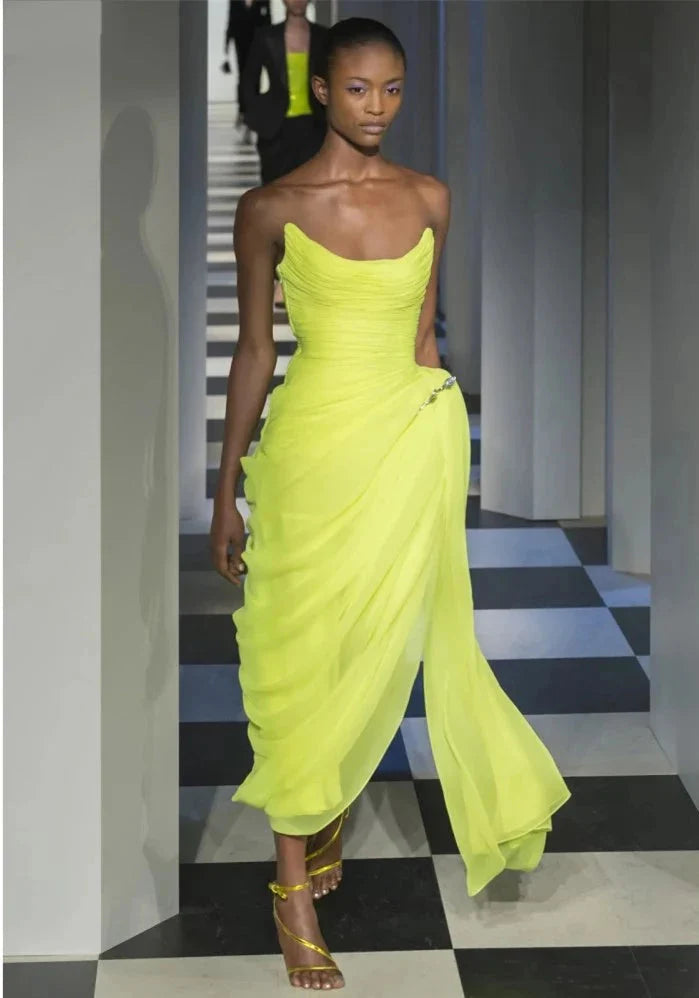 Neon Yellow Strapless High-Slit Maxi Dress