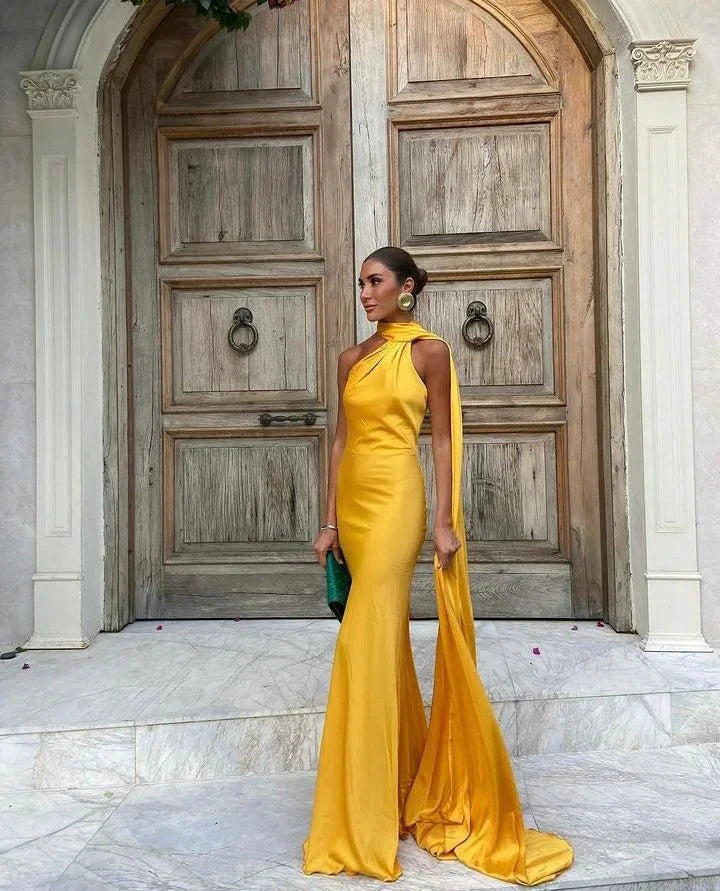 Golden Yellow Halter Neck Draped Satin Mermaid Maxi Dress