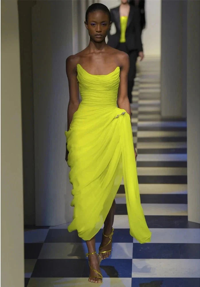 Neon Yellow Strapless High-Slit Maxi Dress