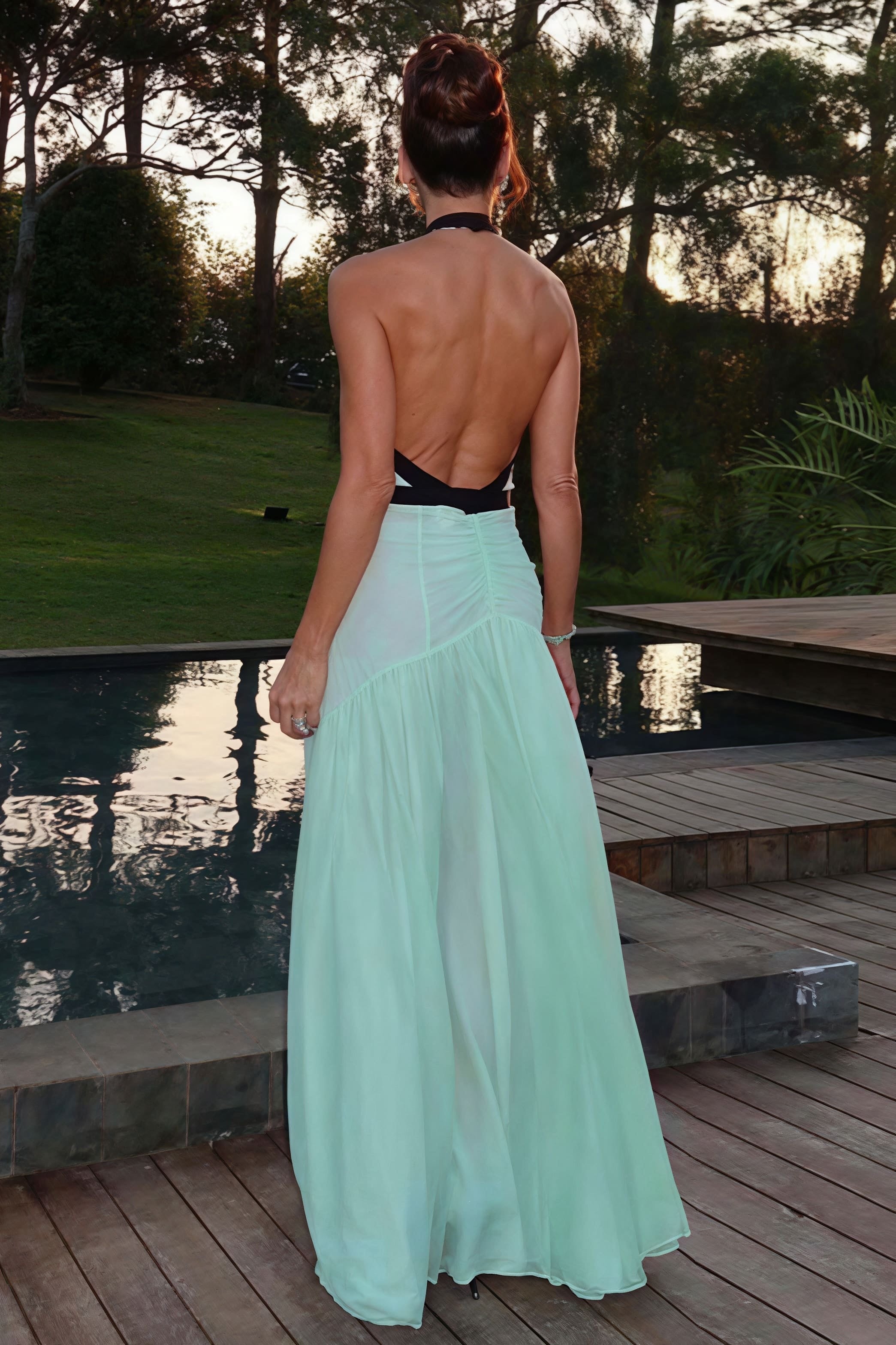 Mint Green Black Trim Plunge Neck Pleated Maxi Dress