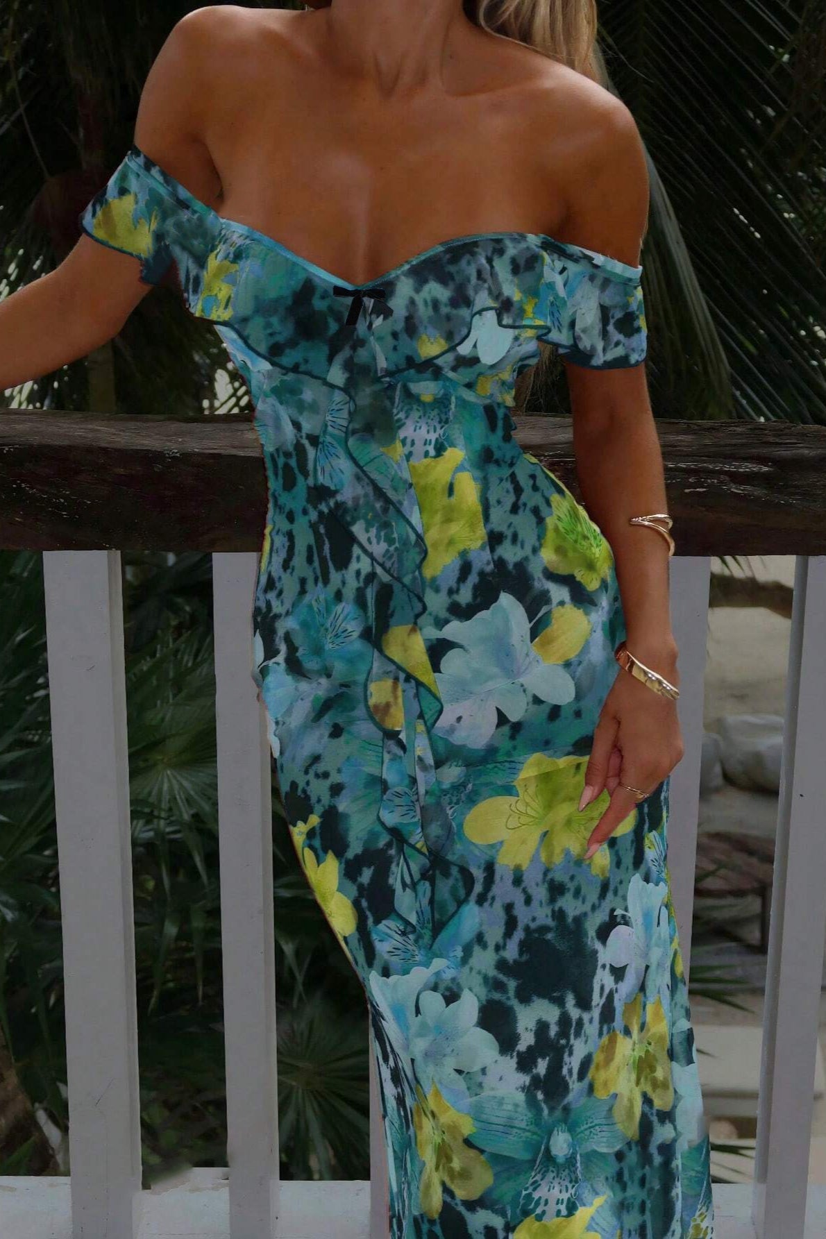 Teal Off Shoulder Floral Print Bodycon Maxi Dress
