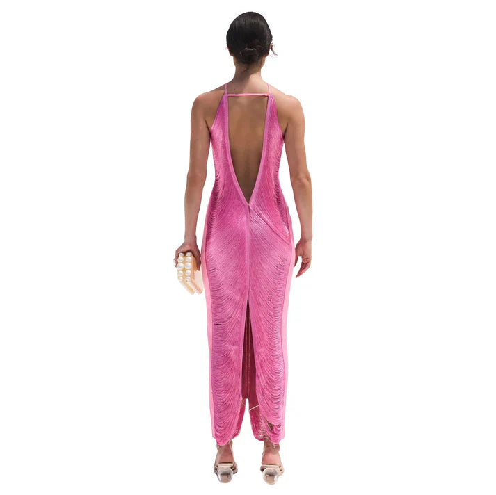Fuchsia Pink Halter Neck Pleated Maxi Dress