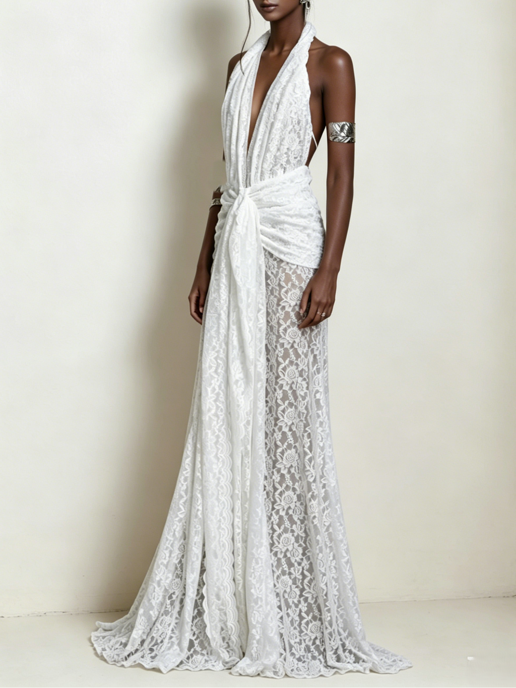 Plunging V-Neck Sheer Floor Length Bridal Gown