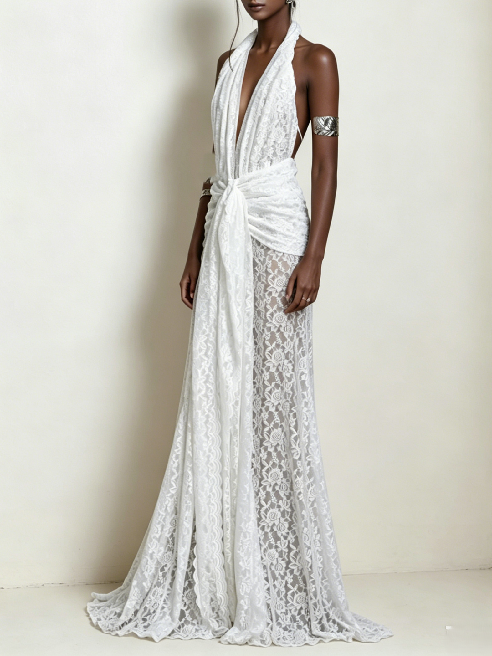 Plunging V-Neck Sheer Floor Length Bridal Gown