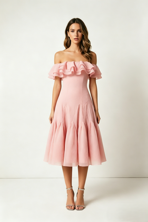 Blush Off Shoulder Ruffle Midi Dress