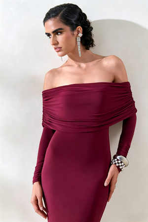 Burgundy Off-The-Shoulder Long Sleeve Dress