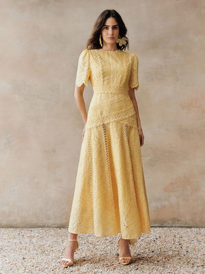 Elegant Yellow Eyelet Lace Midi Dress
