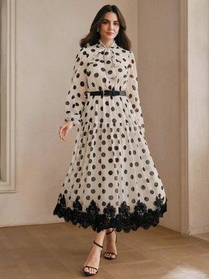 Women's Polka Dot Chiffon Lace Splice Tie
