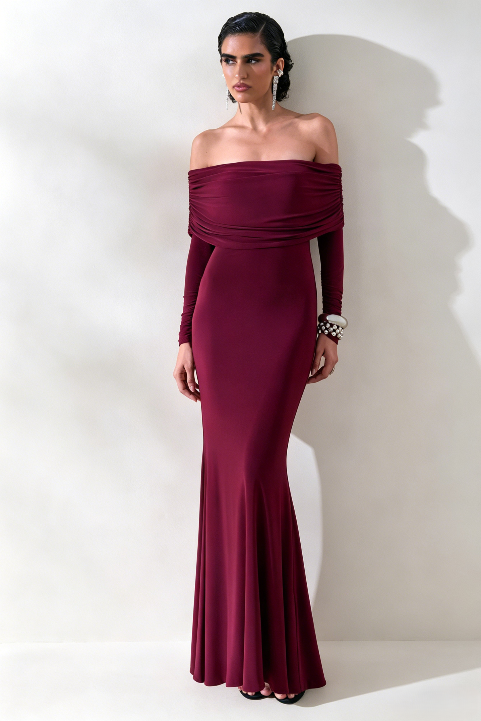 Burgundy Off-The-Shoulder Long Sleeve Dress
