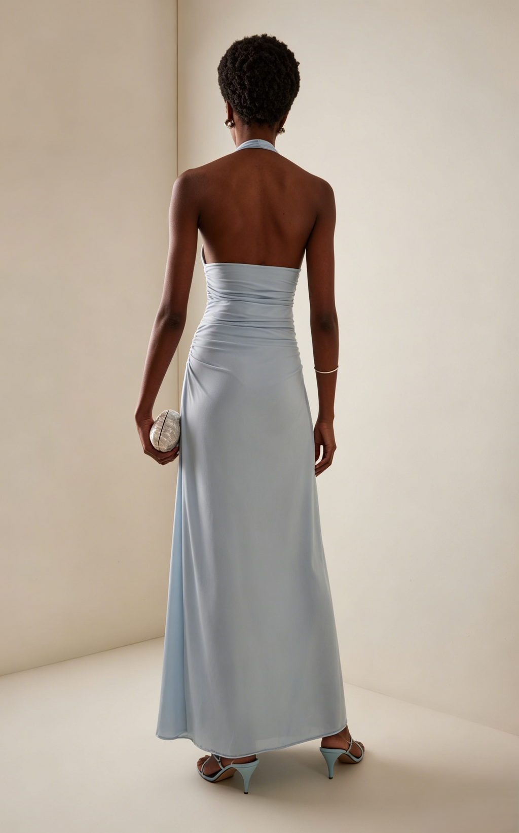 Light Blue Halter Neck Maxi Dress with 3D Flower Detail