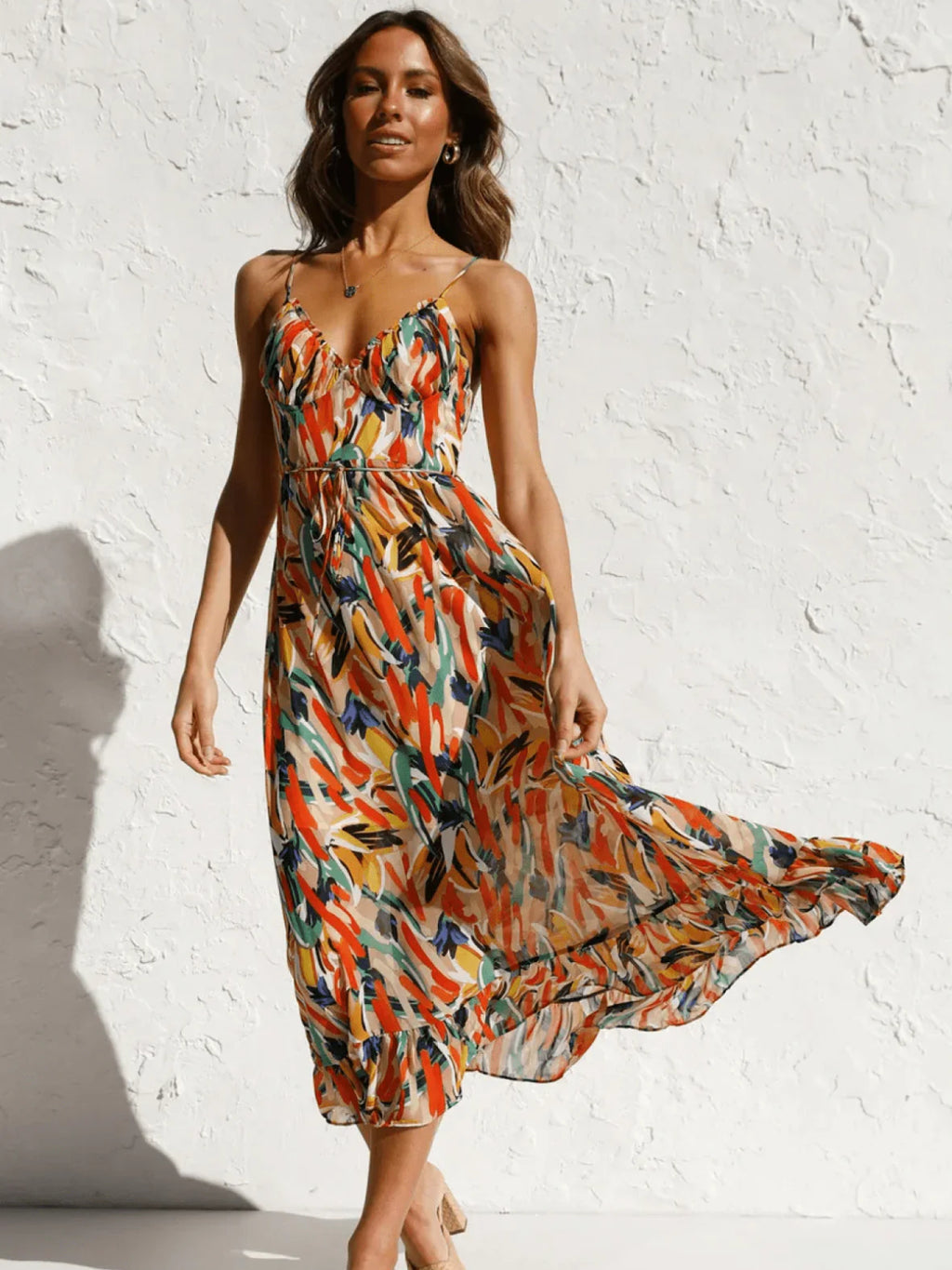 Abstract Print Spaghetti Strap Midi Dress