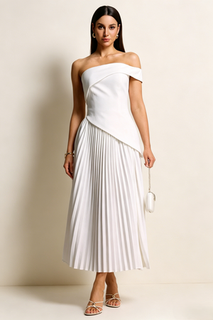 Off Shoulder Asymmetrical  Pleated Midi Dress