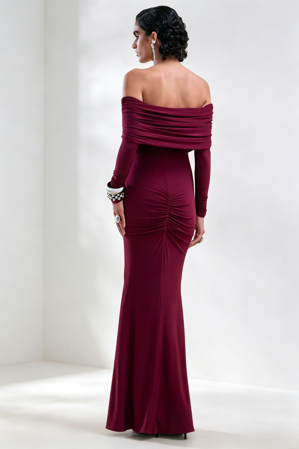 Burgundy Off-The-Shoulder Long Sleeve Dress