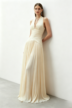 V Neck Pleated Chiffon Maxi Gown