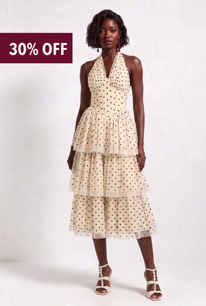 Cream Polka Dot Halter Tiered Midi Dress