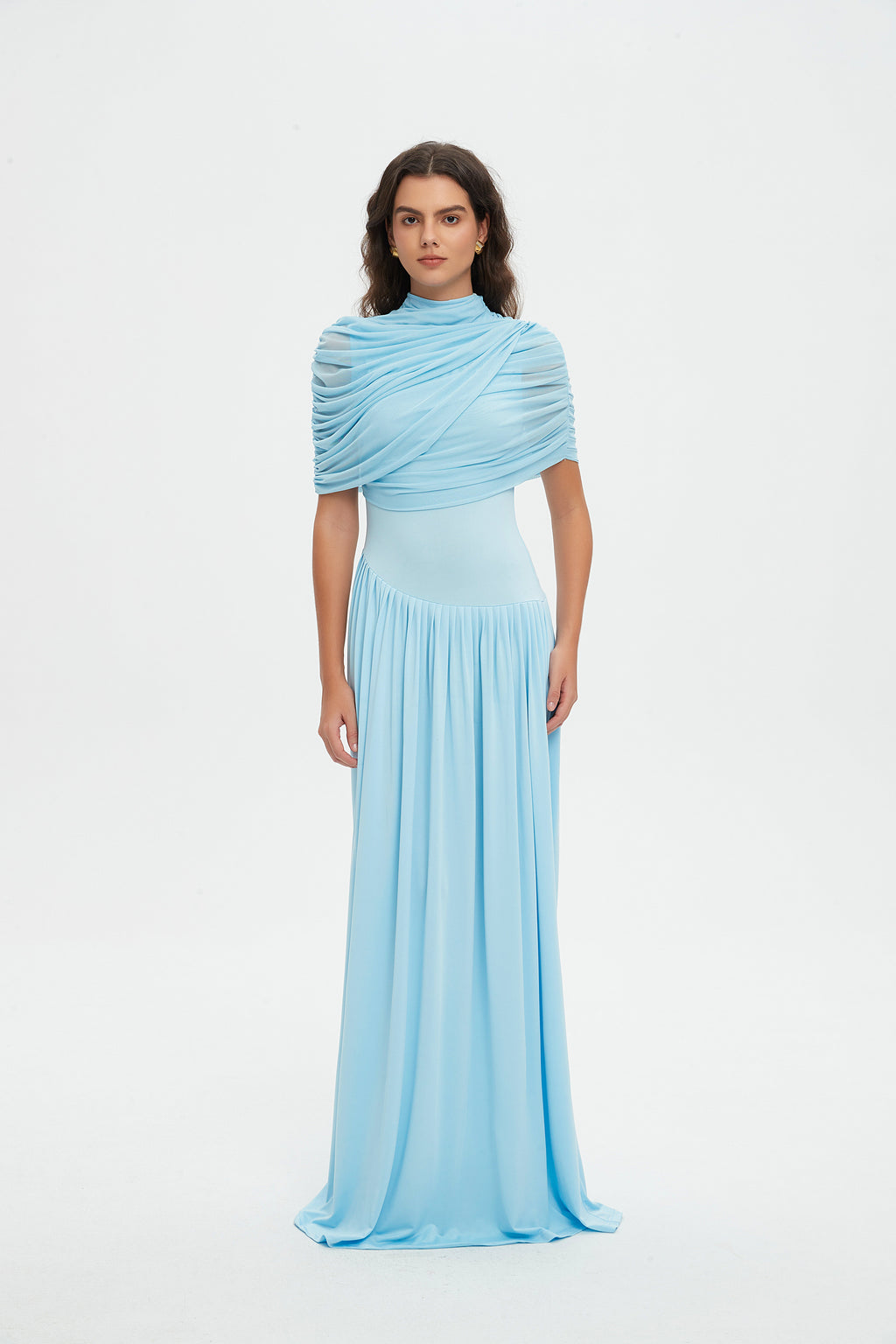 Luxury Light Blue Draped Evening Gown