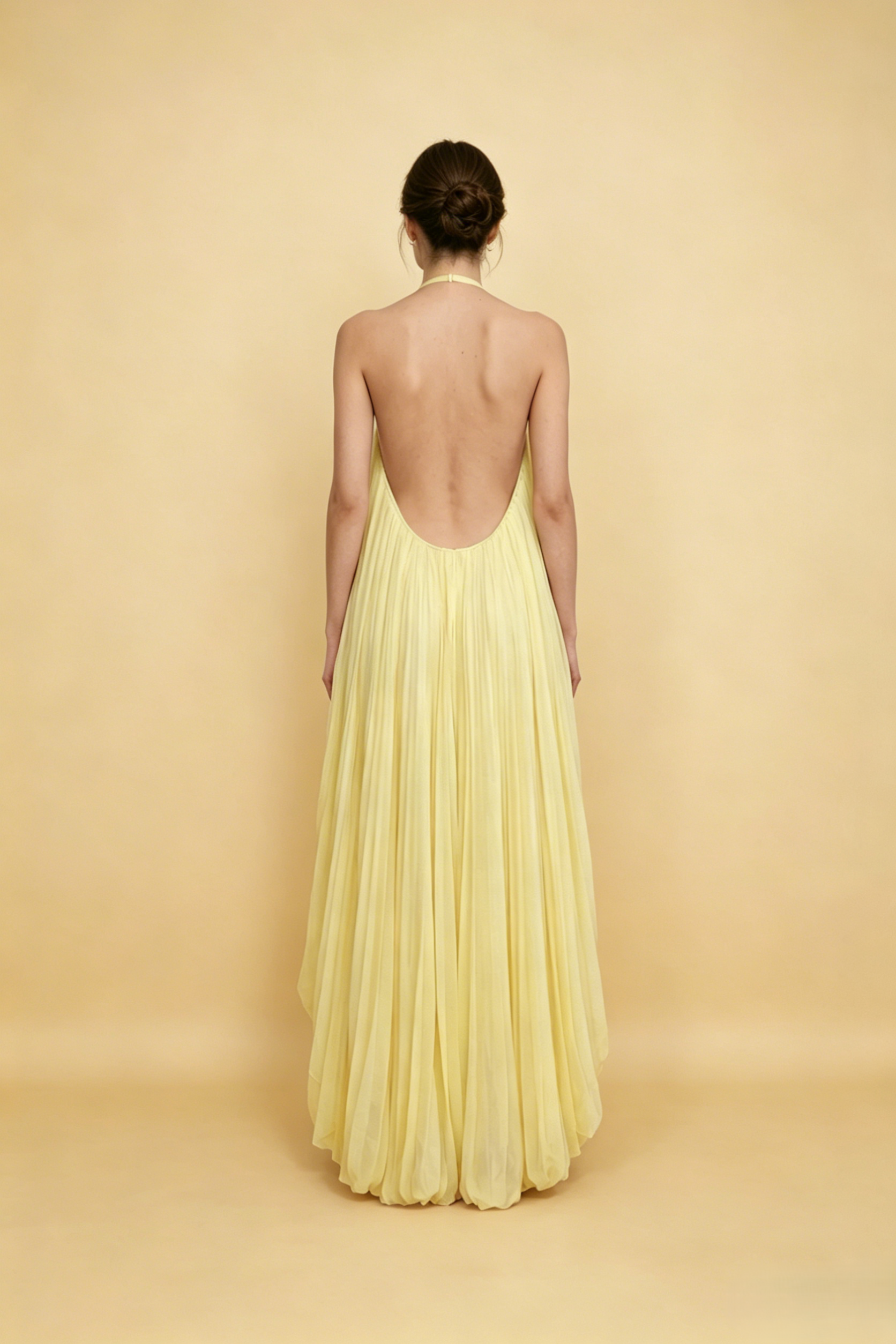 Yellow Asymmetrical  Pleated Maxi Dress