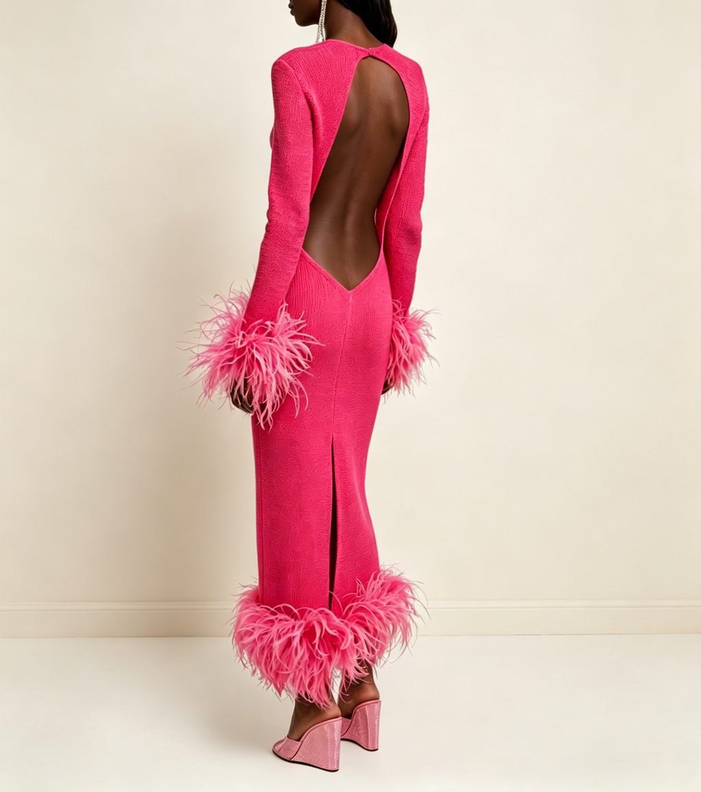 Hot Pink Feather Trim Midi Dress
