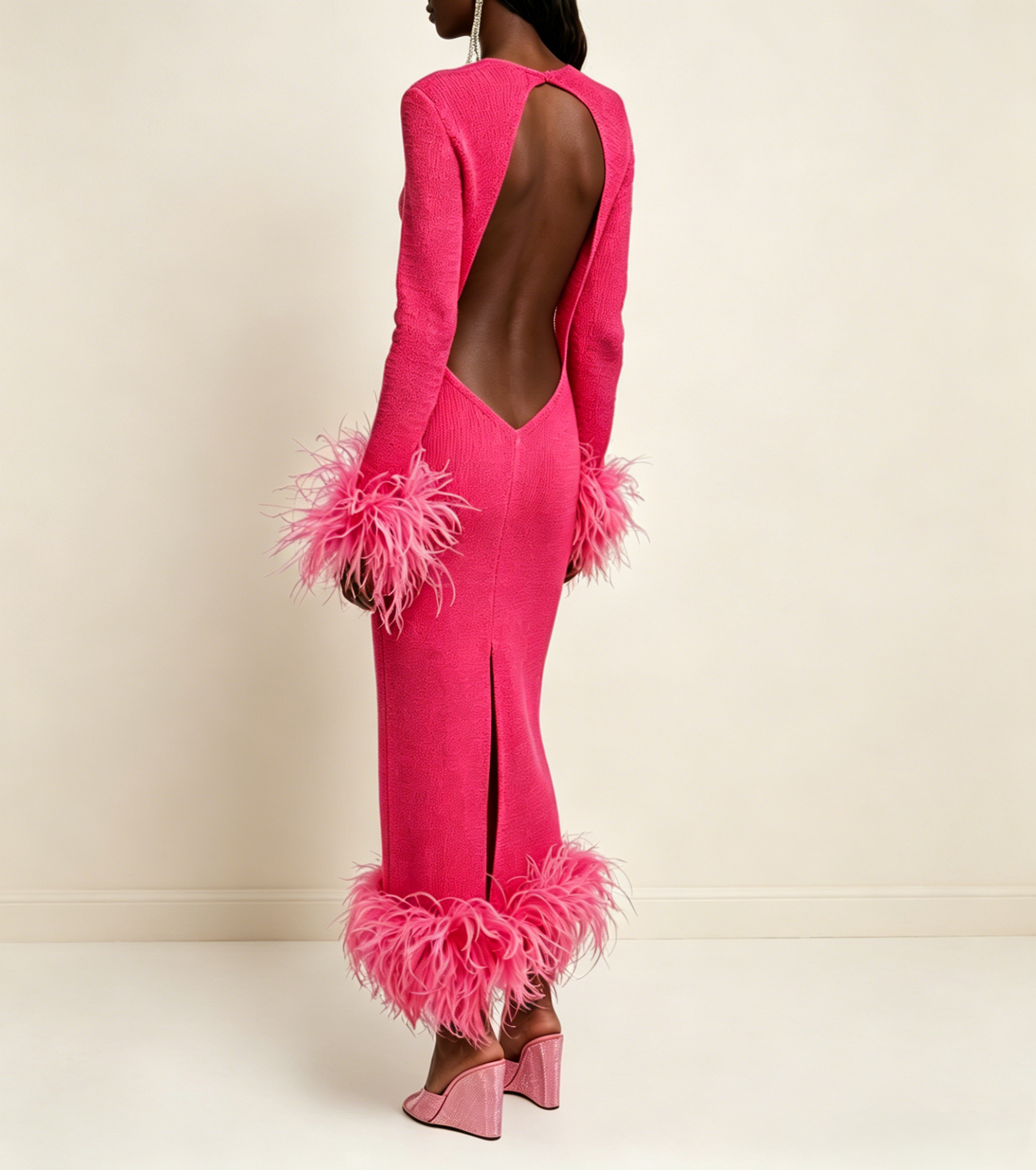Hot Pink Feather Trim Midi Dress