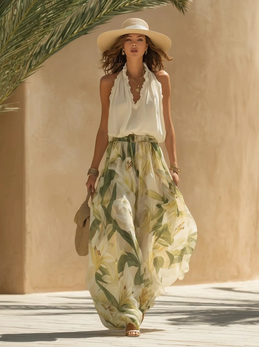 Cream Floral Wide Leg Chiffon Halter Summer Set Dress