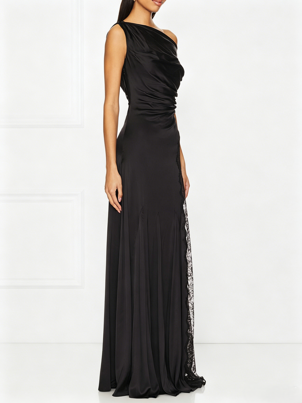 Asymmetrical Neck Black Satin Maxi Dress