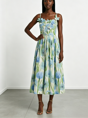 3D Flower Embellished Floral Midi Dress