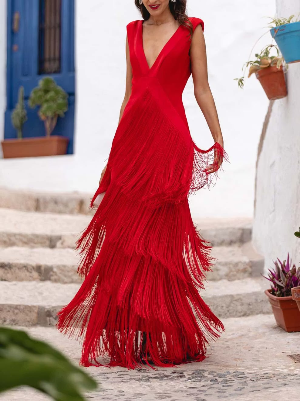 Red Fringe Plunge V Neck Tassel Maxi Dress