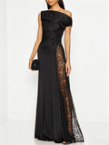 Asymmetrical Neck Black Satin Maxi Dress
