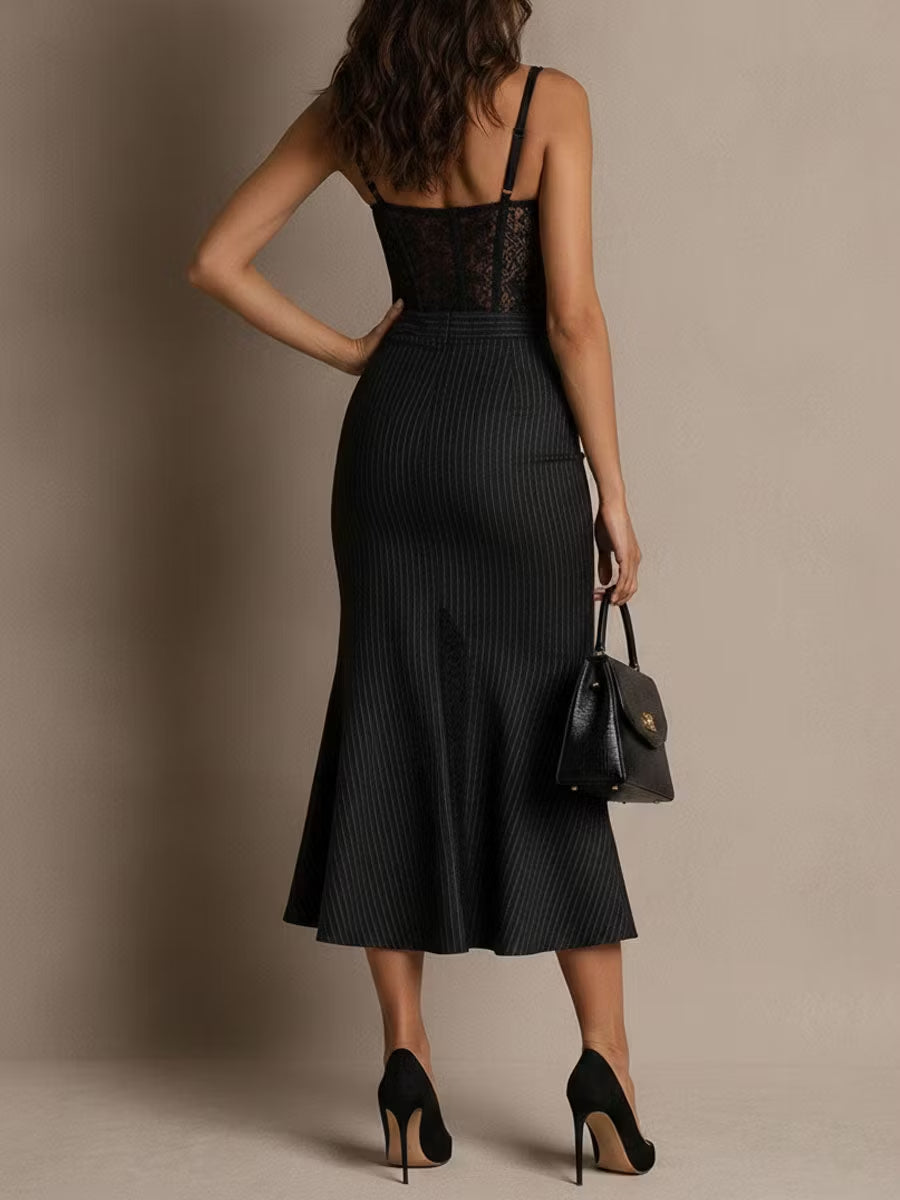 Retro Elegant Charcoal Pinstripe Lace Corset Midi Dress