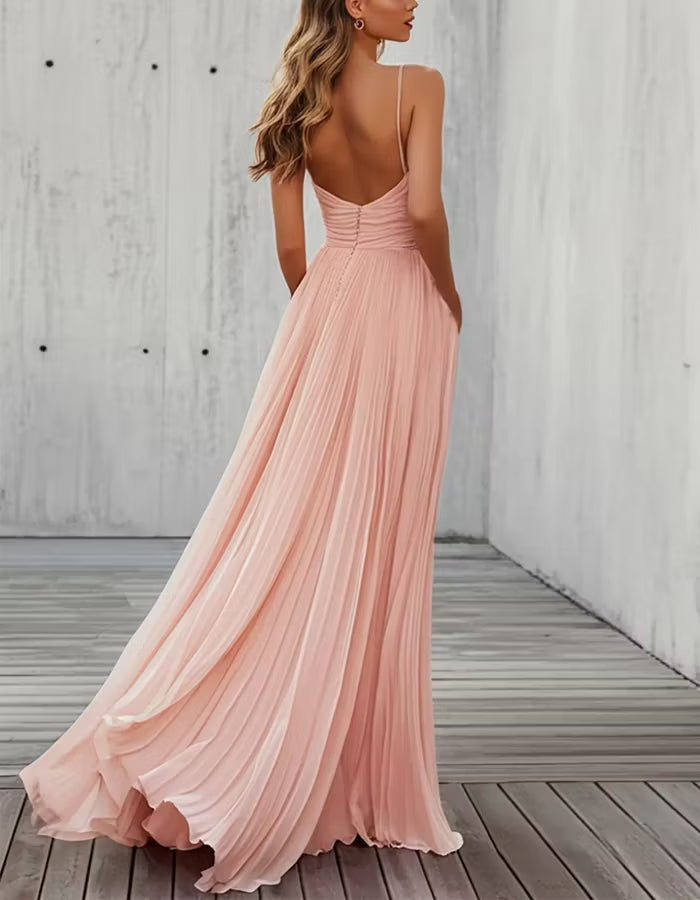 Blush Pink Plunge Neck Pleated Chiffon Maxi Dress